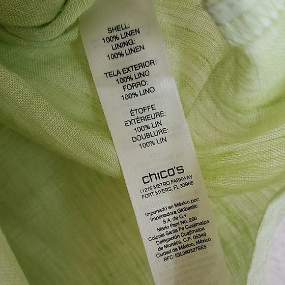 NWT Chico's Lime Green Sleeveless Tunic Top Button Up Linen Organic Lagenlook - Picture 13 of 15